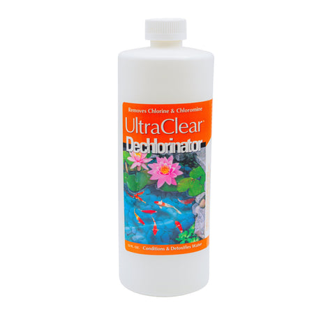 Bottle of UltraClear Decihlorator with a pond-themed label on a white background