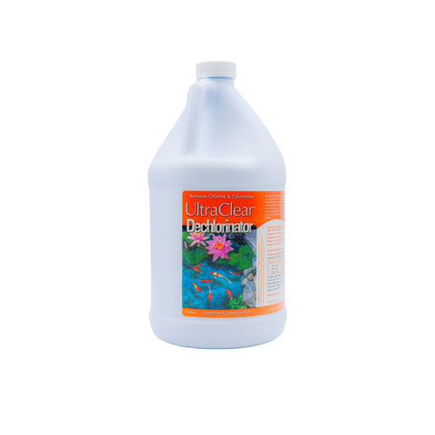 White bottle of UltraClear Dechlorinator with a colorful label featuring fish and lily pads on a white background.