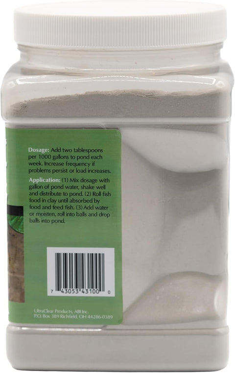 UltraClear Koi Clay 4 lb jar, back label showing pond dosage and application instructions