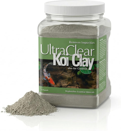 UltraClear Koi Clay, 4 lb jar with natural bentonite clay powder shown in front