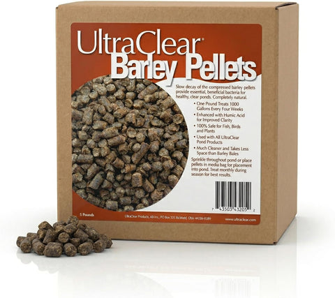 UltraClear Barley Pellets 5 lb box with loose pellets shown in front
