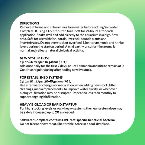 Saltwater Complete – Live Nitrifying Bacteria Blend for Saltwater & Reef Aquariums - Instant Cycle Marine Tank Starter - Removes Ammonia Nitrite - Clarifier - Safe for Fish Coral Invertebrates